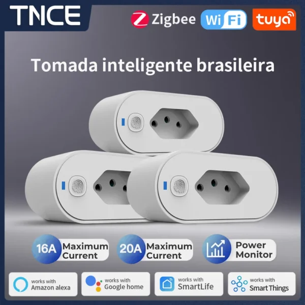 TNCE Brazil Plug 16/20A adapter WIFI/Zigbee socket with Power Monitor Smart Life App control Alexa Google Home Controle vioce