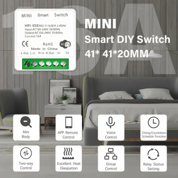 AUBESS Tuya 16A WiFi Mini Smart Switch Smart Life DIY Wall Switches Power Monitoring 2-Way Control For Alexa Google Home Alice - Image 2