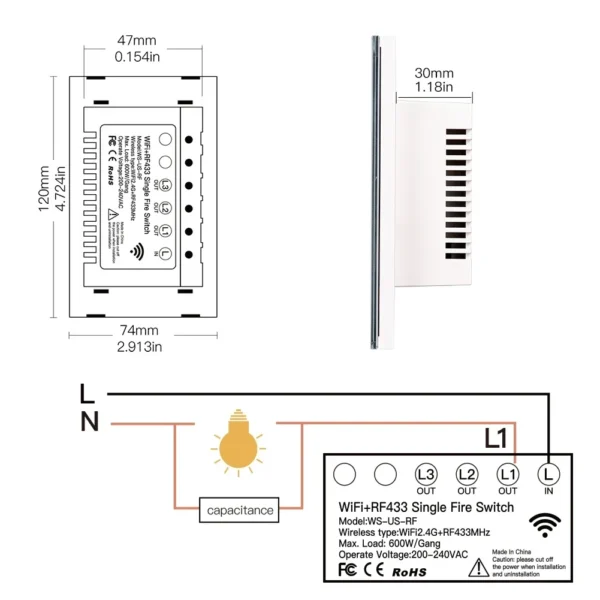 MOES WiFi Smart Light Switch RF433 No Neutral Wire Single Fire Smart Life Tuya App Control Works with Alexa Google Home 110/220V - Image 6