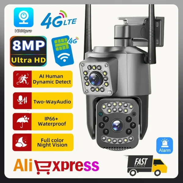 CCTV Camera V380 Pro 4K 4MP 4G Free SIM Card Outdoor IP Security Camera Bidirectional Call Color Night Vision AI WiFi Camera 4G