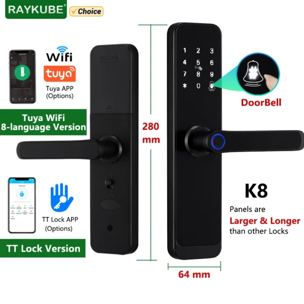 RAYKUBE K8 Smart Door Lock TTlock Bluetooth / Tuya Wifi Fingerprint Password 13.56MHZ IC Card Keyless Smartlife Home