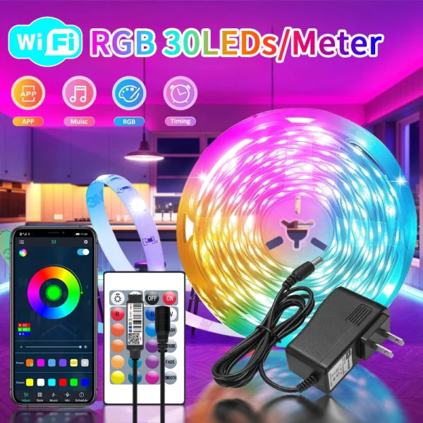 WIFI APP 5050 RGB LED Strip 24K Control With Battery And US plug Power Supply For Home Decoration And Ambient Lighting