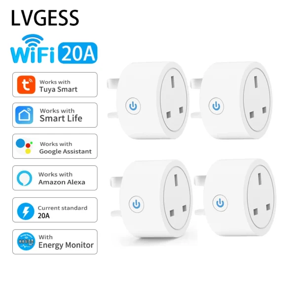 20A Tuya Smart Socket WiFi UK Plug 3pin Adapter Home Alexa Voice Control With Energy Monitering Timer Function Power Outlet Set