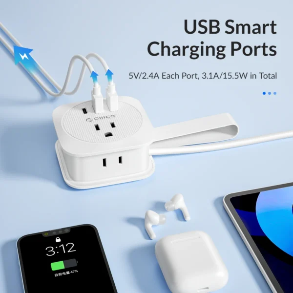 ORICO Travel Power Strip US Adapter Smart Plug Multiple Extension Socket with 2 USB Ports Type C Fast Charge for Travel Office - Image 5