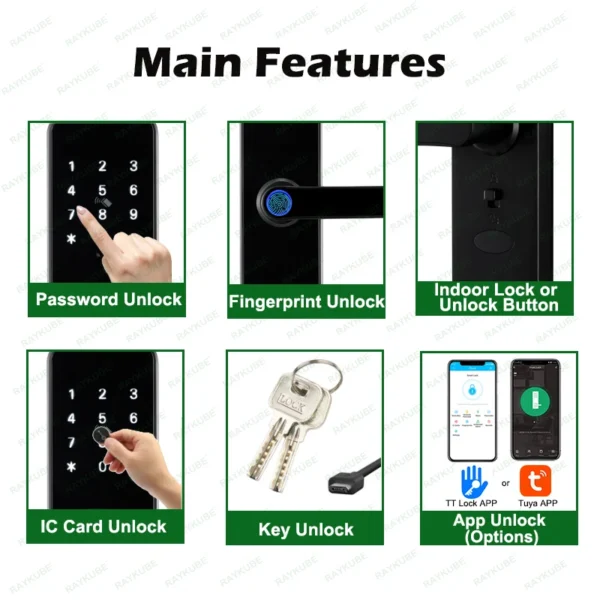 RAYKUBE K8 Smart Door Lock TTlock Bluetooth / Tuya Wifi Fingerprint Password 13.56MHZ IC Card Keyless Smartlife Home - Image 6