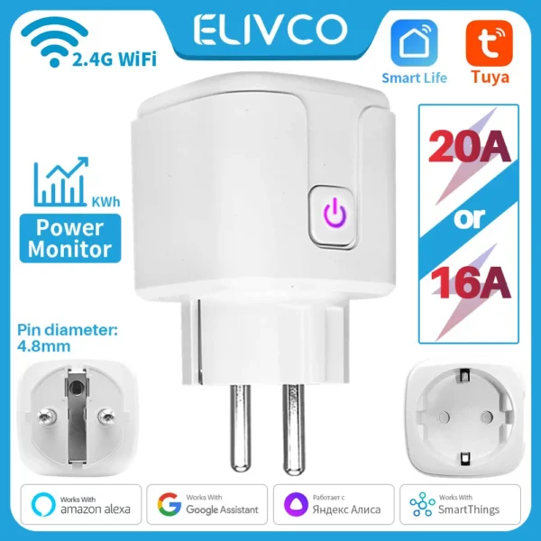 Tuya WiFi Smart Plug 16A/20A EU Smart Socket With Power Monitor Timing Smart Life Support Alexa Google Home Yandex SmartThings