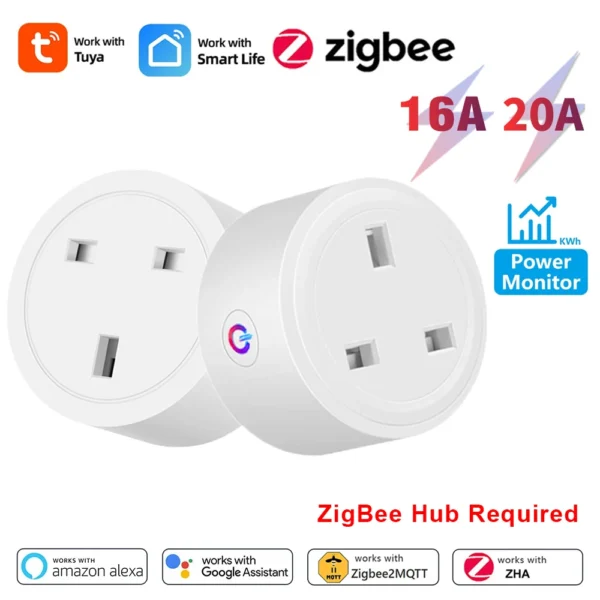 Tuya Zigbee Smart Socket UK Plug Adapter 20A 16A Outlet Power Monitor Work with Zigbee Hub Support Zigbee2MQTT Google Home Alexa