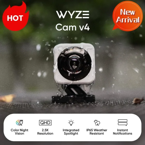 Wyze Cam v4, 2K Wi-Fi Smart Home Security Camera, Indoor/Outdoor Pet/Baby Monitor, Motion Activated Spotlight/Siren, 2-Way Audio