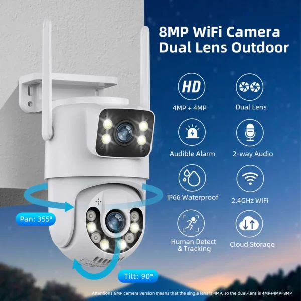 8MP 4K PTZ Wifi Camera Dual Lens Wireless Outdoor Surveillance Camera Ai Human Detect Security IP Camera Auto Tracking iCSee App - Image 2