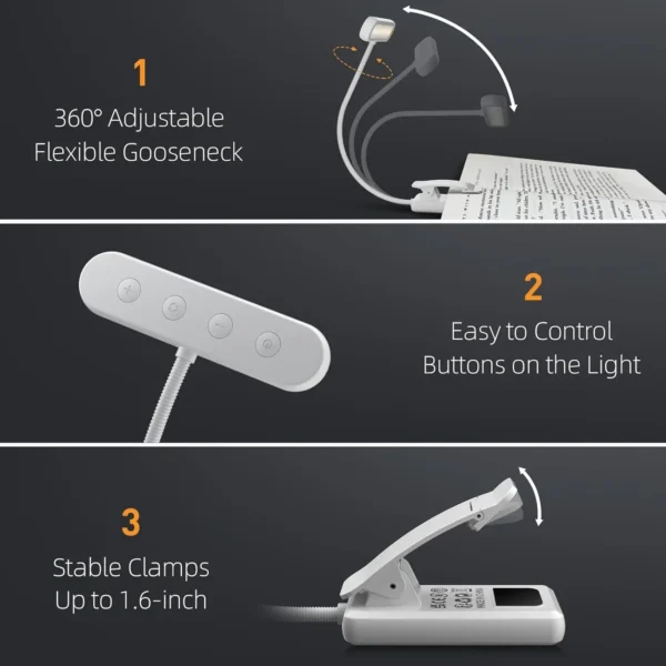 White Book Light USB Rechargeable Reading Light Warm Cool White Daylight Portable Flexible Easy Clip Night Reading Lamp - Image 4