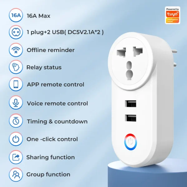 16A Tuya Wifi Smart Socket With 2 USB Charging Outlet Adapter EU US UK Brazil Plug Smart Life Control via ​Alexa Google Home - Image 2