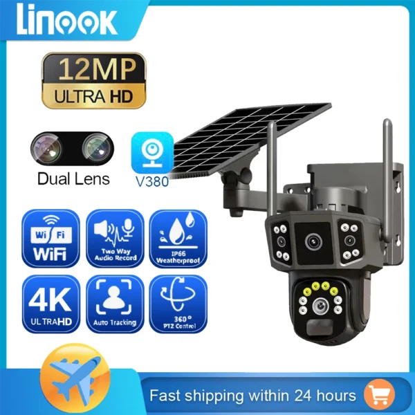 Linook V380,10X,4K dual lens, outdoor security network camera,wireless WIFI solar closed-circuit television,4G sim solar camera