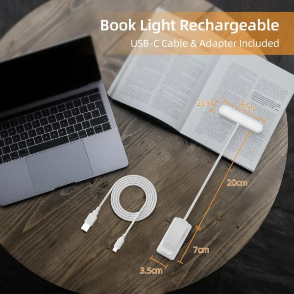 White Book Light USB Rechargeable Reading Light Warm Cool White Daylight Portable Flexible Easy Clip Night Reading Lamp - Image 3