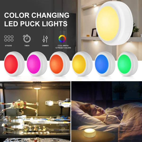 RGB LED Puck Lights with Remote Battery Powered Interior Closet Under Cabinet Light Lamp for Kitchen Bedroom Wardrobe Decoration - Image 2