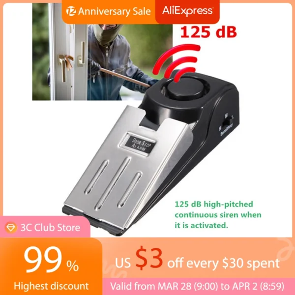 125DB Wireless Door Stop Alarm Stainless Steel 3 Sensitivity Level Sensor Wedge-shaped Portable Home Travel Security