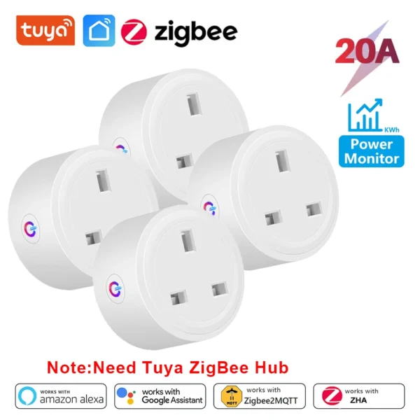 Tuya Zigbee Smart Socket 20A UK Smart Plug Power Monitor Timing Function Home Outlet Smart Life APP Works with Google Home Alexa