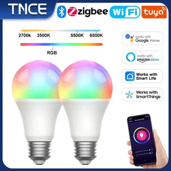 TNCE Tuya E27 Bulb WIFI Zigbee Bluetooth, Dimmable Light LED lamp 2700-6500k RGB, Smart Life APP, Voice with Alexa Google Home