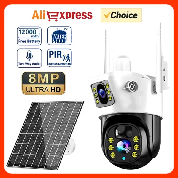 4G SIM Card Solar Camera WiFi 360 IP Camera 8MP 4K CCTV Battery Cameras Outdoor Dual Lens Smart Home Security Surveillance Solar