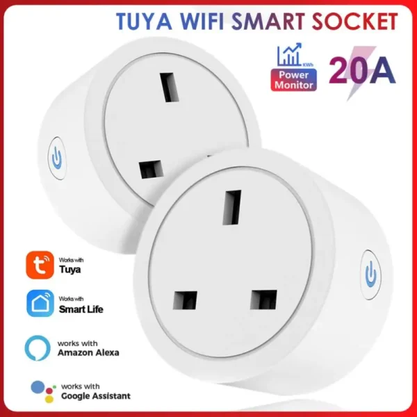 Tuya WIFI Smart UK Socket Smart Life 20A Plug With Power Monitor Alexa Google Home Voice Timing Wireless Control Socket Outlet