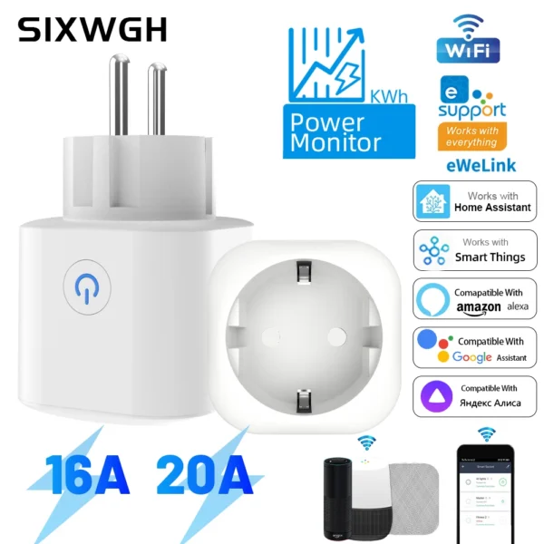 SIXWGH Wifi Smart Socket 16A EU Remote Control Timer Power Monitoring Voice Assistant For Google Home Alexa