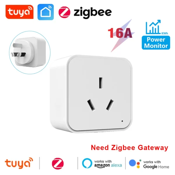 Tuya Smart Zigbee Socket AU Plug 3 Pins 16A Home Outlet with Power Monitoring Timing Voice Control Works with Alexa Google Home