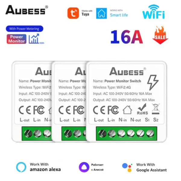 AUBESS Tuya 16A WiFi Mini Smart Switch Smart Life DIY Wall Switches Power Monitoring 2-Way Control For Alexa Google Home Alice