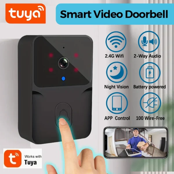 tuya Wireless smart video doorbell, 2.4G WiFi home security camera, 2-way audio, night vision, battery, secure home monitoring