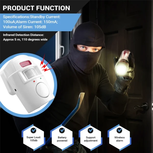 Infrared Motion Sensor Alarm - Burglar Alarm with 2 Remote Controls, Suitable for Home/Garages/Shops - Image 5