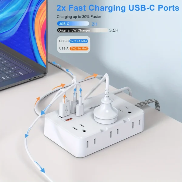 US Plug Power Strip with 6 AC Outlets 4 USB Fast Charging Ports(2 Type C) 5V 2.4A Adapter Plug Socket Smart Home with Switch - Image 4