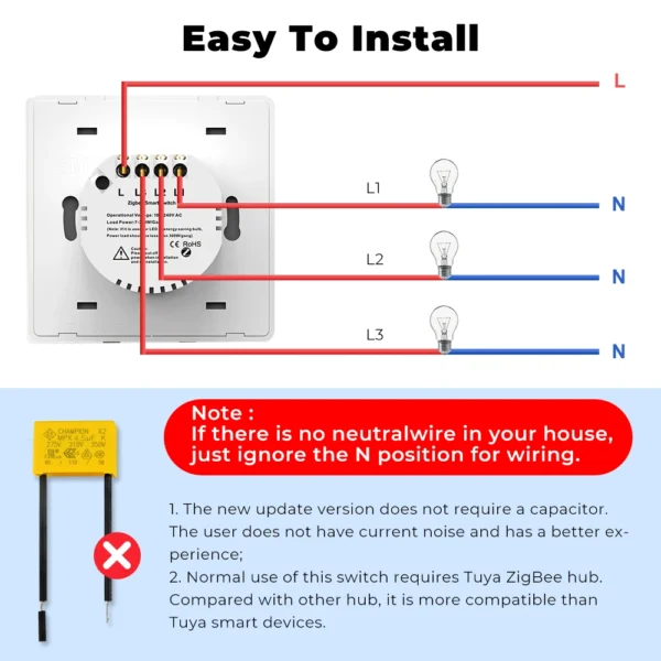 1/2/3gang Tuya EU Zigbee Smart Switch No Neutral Wire Wall Light Switch Push Button Smart Life APP Voice Works with Alexa Google - Image 2