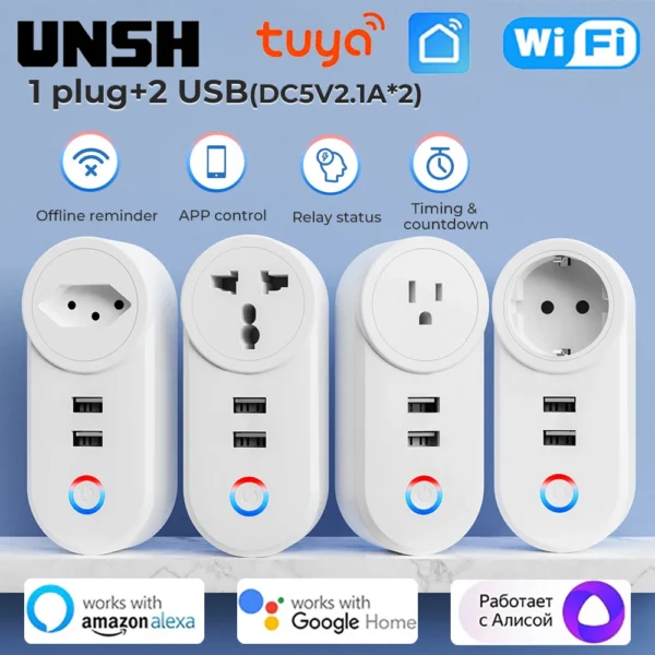 16A Tuya Wifi Smart Socket With 2 USB Charging Outlet Adapter EU US UK Brazil Plug Smart Life Control via ​Alexa Google Home