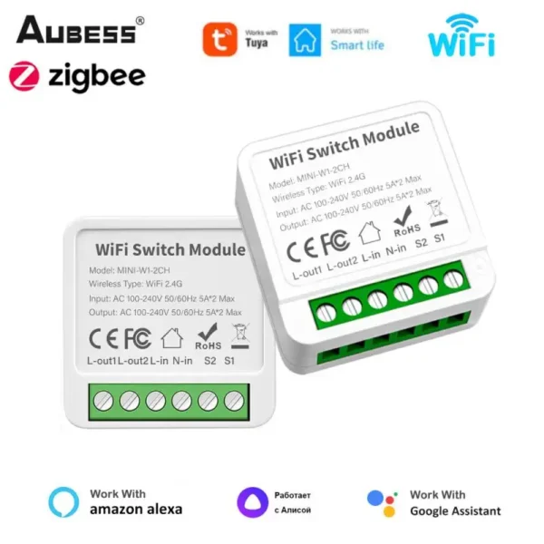 AUBESS Tuya Wifi / Zigbee 16A Mini Smart Switch 1/2/3/4 Gang Support 2-way Control For Smart Life Alexa Google Home Yandex Alice